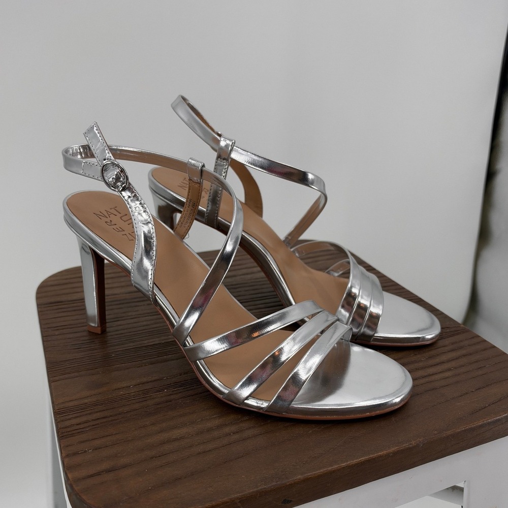 Naturalizer Kimberly Silver Metallic Leather Strappy Heeled Sandals Womens 10M
